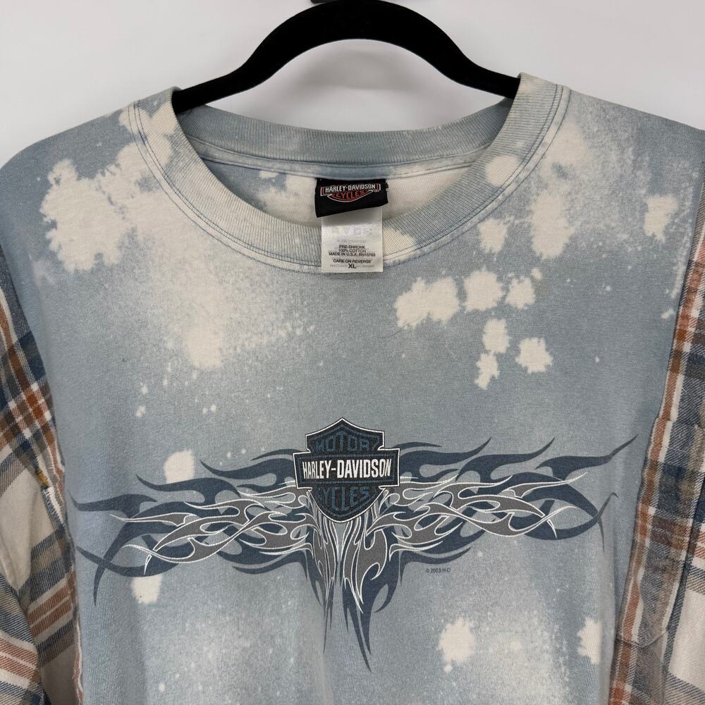 Harley Davidson Graphic Tee Flannel Upcycled Shirt XL Bleach Dye Handmade - Picture 3 of 7